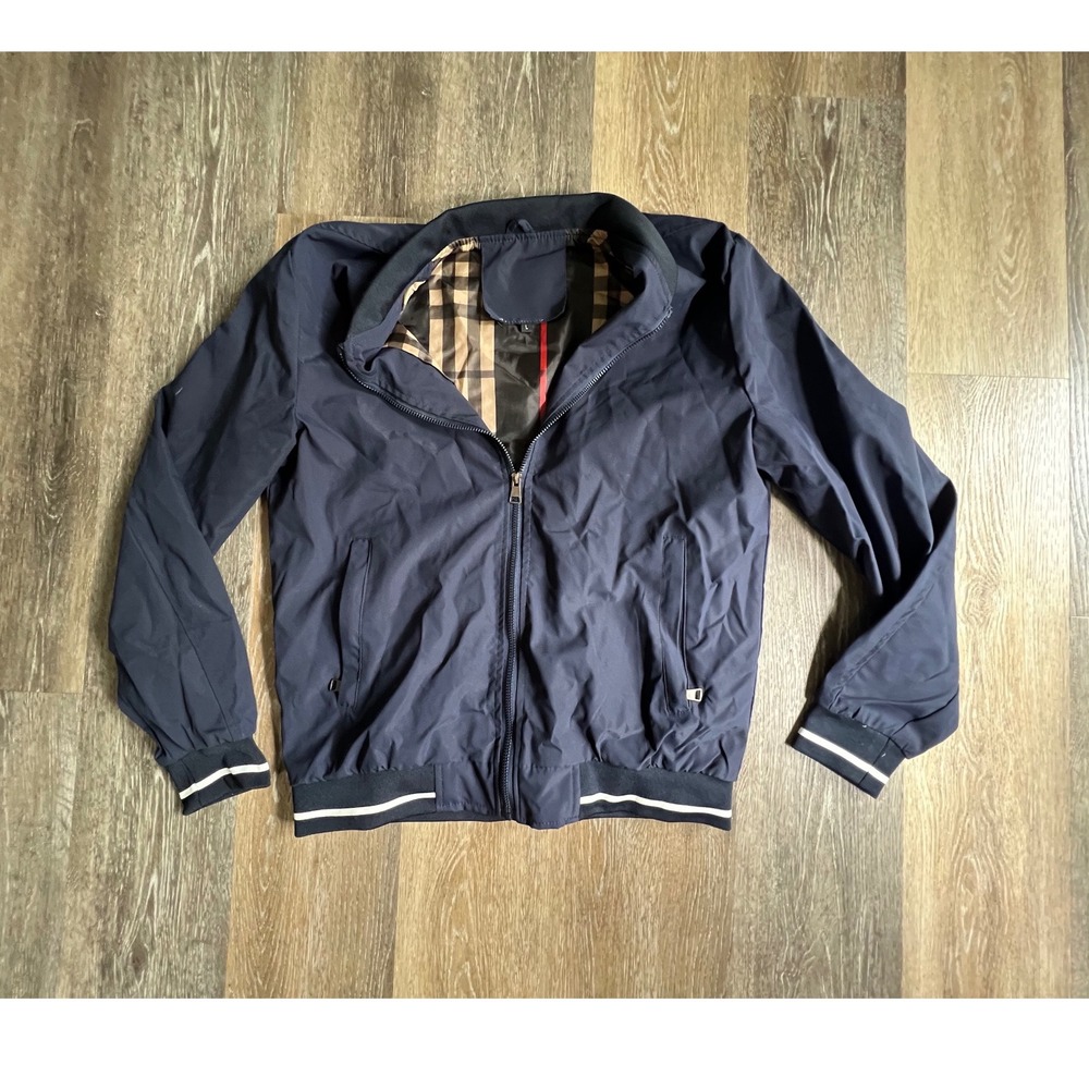 Unbranded Bomber Jacket Mens Large Navy Blue Plaid Lined Full Zip Lightweight